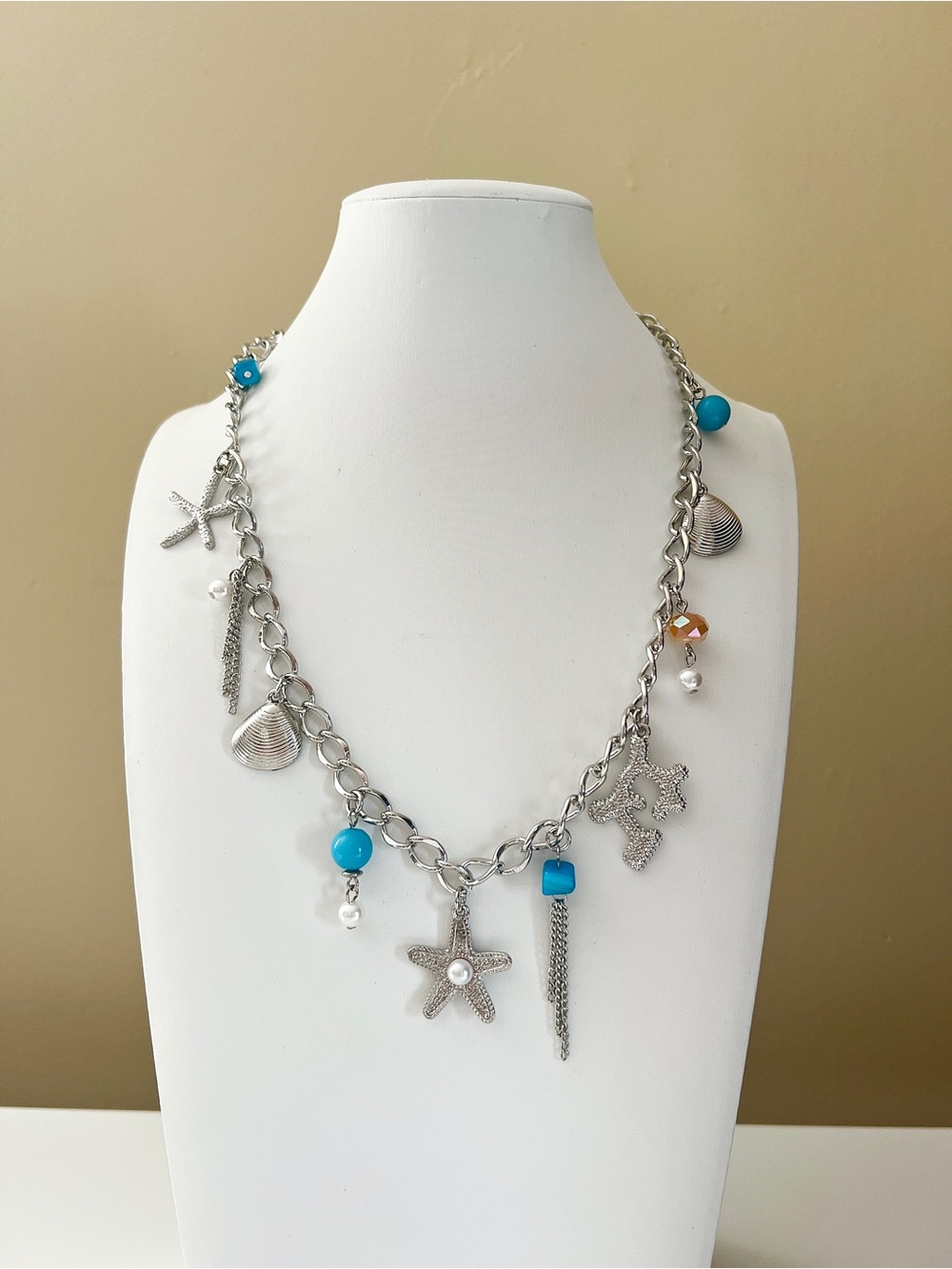Turquoise-blue bead and Silver toned coastal Charm Necklace - Unbranded